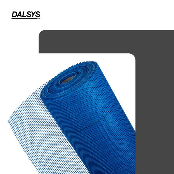 DALSYS Logo. Eine Rolle blaues Glasfasergewebe zur Armierung von Putz.