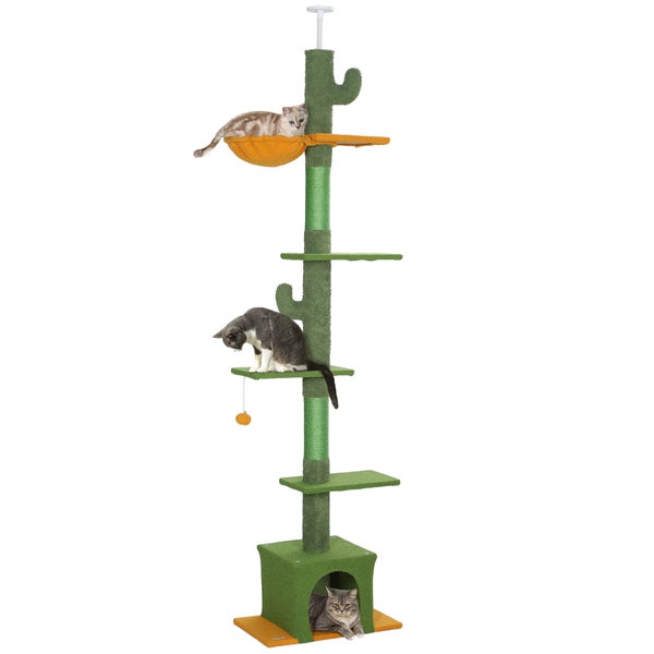 PawHut Kratzbaum Deckenhoch, Katzenbaum, 230-275 cm Katzenkratzbaum mit Katzenhöhle, Kratzstämmen, Spielball, Katzenmöbel mit Kippschutz, Grün