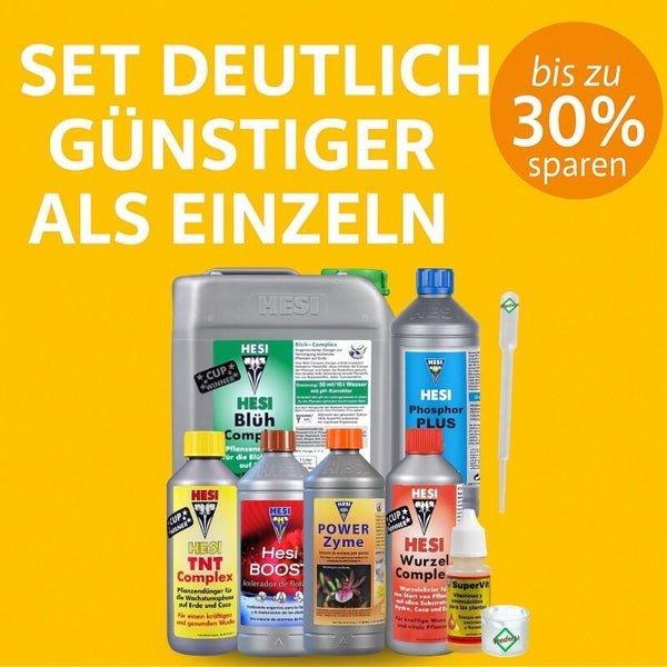 HESI Pflanzendünger-Set mit TNT Complex, Blüh Complex, Phosphor Plus, Wurzel Complex, Boost, Power Zyme, SuperVit, Pipette und Messbecher.
