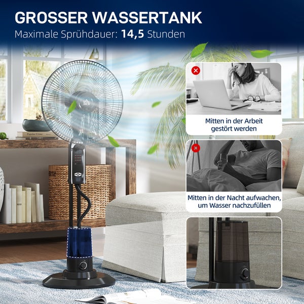 Standventilator mit integriertem großen Wassertank für Sprühnebel in einem Wohnzimmer, maximale Sprühdauer von 14,5 Stunden.