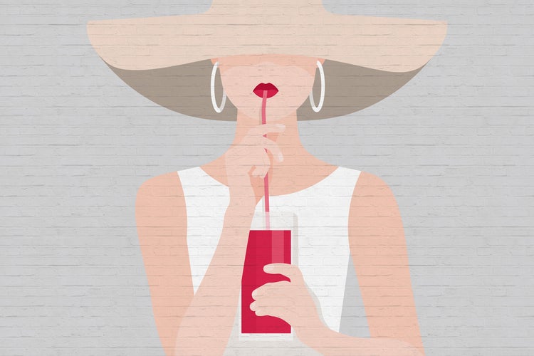 Illustration einer Frau mit Hut, die ein Getränk mit Strohhalm trinkt