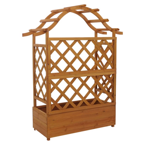 Pflanzkasten aus Holz mit Rankgitter und dekorativem Bogen für Kletterpflanzen.