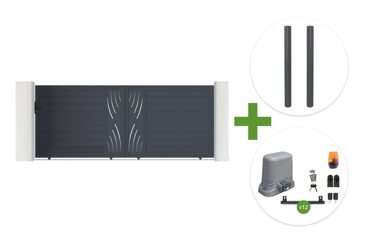 Schiebetor Komplettset mit modernen Zierelementen, zwei Torpfosten und elektrischem Torantrieb inklusive zwölf Zahnstangen und Zubehör.