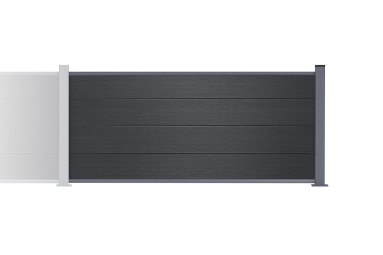 WPC-Sichtschutzzaun mit horizontalen Lamellen in Anthrazit und Holzmaserung-Struktur.