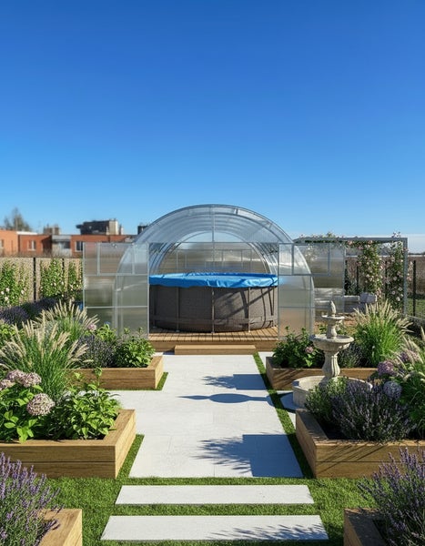 Gartenlandschaft mit Pool unter einer transparenten Kuppel, umgeben von Pflanzen und einem dekorativen Brunnen.