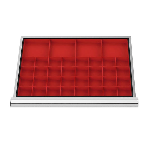 Rote Schubladeneinteilung mit mehreren Fächern für Werkzeugschränke.