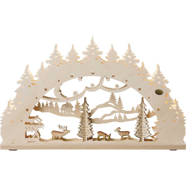 Beleuchteter Schwibbogen aus Holz mit Waldmotiv und Hirschen zur Weihnachtsdekoration