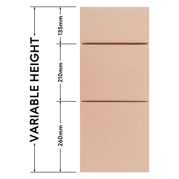 Variable Höhe von Kartons mit den Maßen 135 mm, 210 mm und 260 mm.