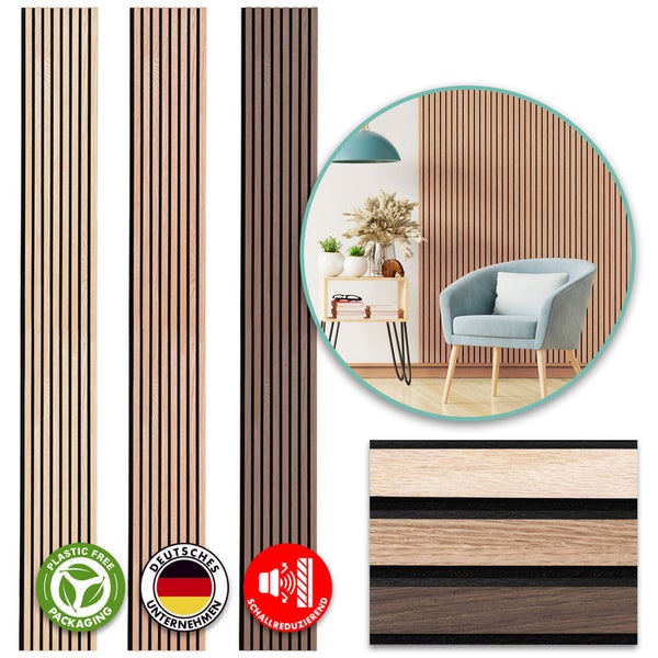 Akustikpaneele in verschiedenen Farben, Anwendungsbeispiel im Raum, Siegel für plastikfreie Verpackung, deutsches Unternehmen und Schallreduzierung