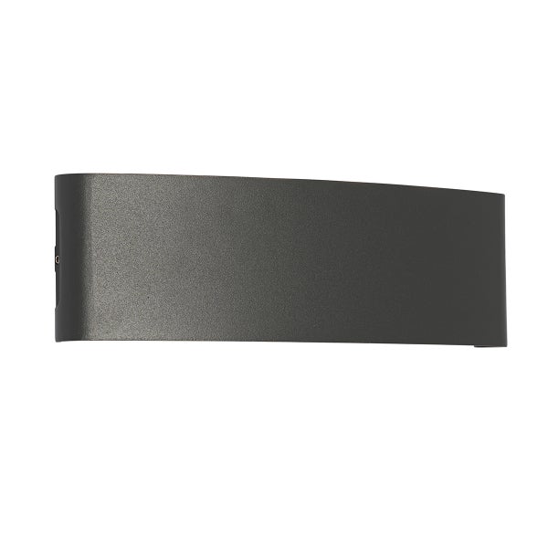 Moderne anthrazitfarbene Außenwandleuchte aus Metall mit gewölbter Front.