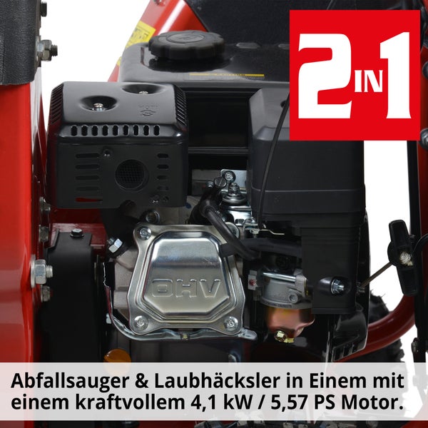 Abfallsauger und Laubhäcksler mit einem kraftvollen 4,1 kW / 5,57 PS Motor.