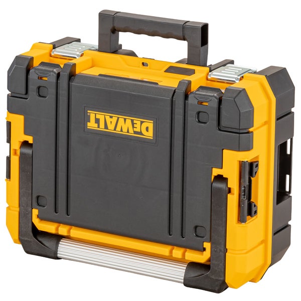 DeWalt Werkzeugkoffer mit Tragegriff, robustem Kunststoffgehäuse und seitlichen Klickverbindungen für das Stapelsystem.