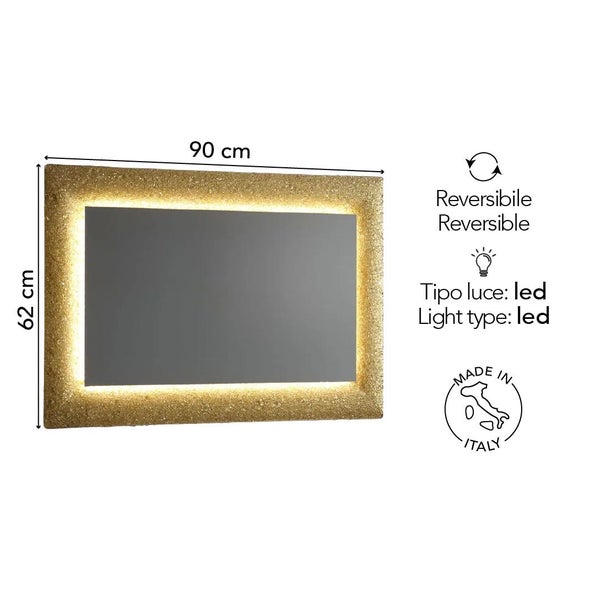 LED Badezimmerspiegel mit goldenem strukturiertem Rahmen, 90 mal 62 Zentimeter, horizontal oder vertikal montierbar, LED, hergestellt in Italien.