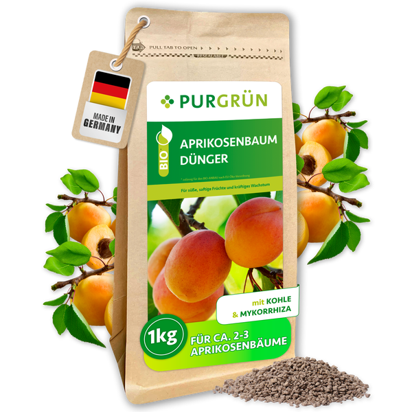 PURGRÜN Bio Aprikosenbaum Dünger, 1 kg Beutel mit Kohle und Mykorrhiza für gesundes Wachstum und süße Früchte, Hergestellt in Deutschland