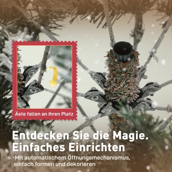 Künstlicher Weihnachtsbaum mit automatischem Klappmechanismus für einfaches Einrichten der verschneiten Äste.