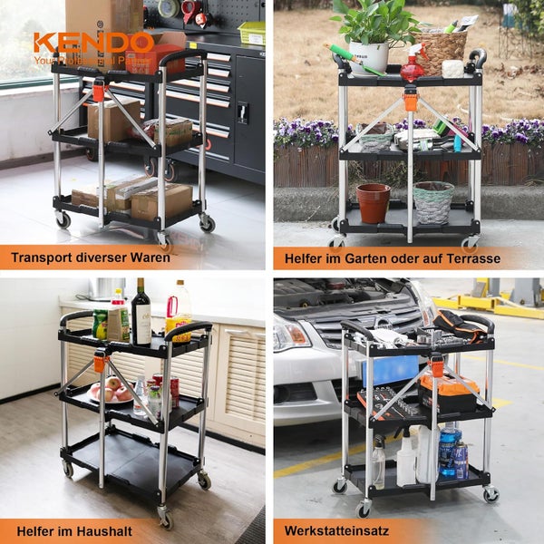 Kendo Logo. Klappbarer Etagenwagen mit drei Ebenen: Pakettransport, Gartenarbeit, Haushaltshilfe und Werkstattnutzung.