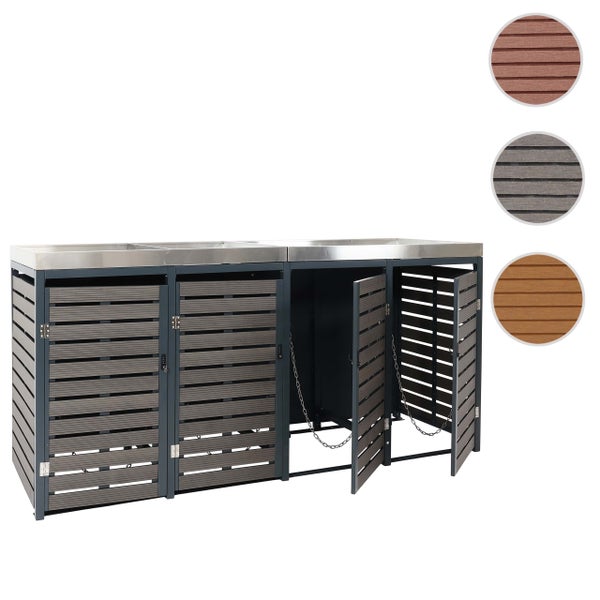 Mülltonnenbox für vier Tonnen mit Metallrahmen, Pflanzwannen und braunen Holzlamellen.