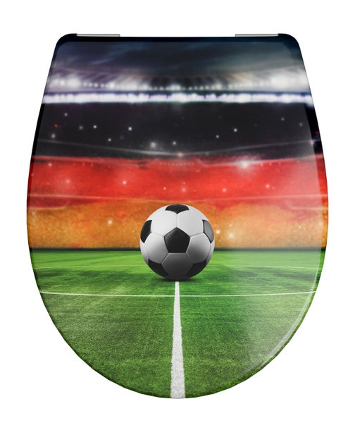 Toilettensitz mit Fußballmotiv auf einem Spielfeld vor einer Stadionkulisse