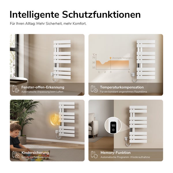 Schutzfunktionen des elektrischen Badheizkörpers: Fenster-offen-Erkennung, Temperaturkompensation, Kindersicherung und Memory-Funktion.