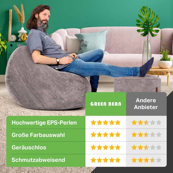 Green Bean 2er Set Indoor XXL Sitzsack + Pouf mit EPS-Perlen Füllung - Fußhocker Fußkissen Hocker Bodenkissen Liegekissen Sitzkissen Lounge Chair - Grau