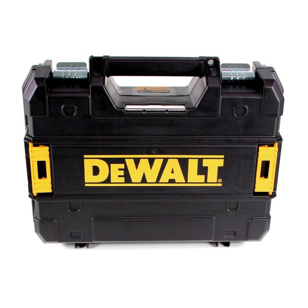 DeWALT Werkzeugkoffer aus schwarzem Kunststoff mit gelben Verschlüssen, Tragegriff und Metallschließen.