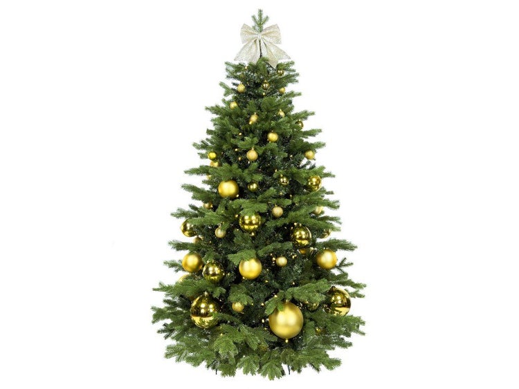 Geschmückter künstlicher Weihnachtsbaum mit LED Beleuchtung und Weihnachtsbaumschmuck inklusive Schleife als Baumspitze.