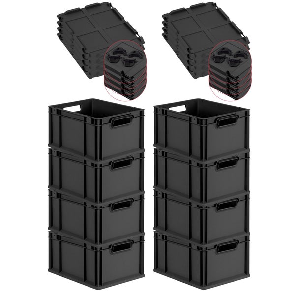 PROREGAL SuperSparSet 8x Eurobox NextGen Grip mit Auflagedeckel inkl. 4 schwarzen Schiebeschnappverschlüssen, HxBxT 22x30x40cm, 20 Liter, Schwarz, Griffe offen, Eurobehälter, Transportbox, Transportbehälter, Stapelbehälter