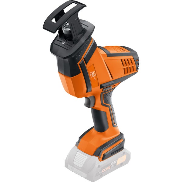 Akku-Säbelsäge von Fein in Orange und Schwarz für 18 Volt Akkusysteme mit ergonomischem Griff und verstellbarem Sägeschuh.