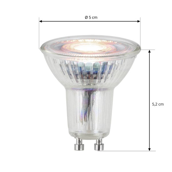 LED-Reflektorlampe GU10 mit einem Durchmesser von 5 Zentimetern und einer Höhe von 5,2 Zentimetern.