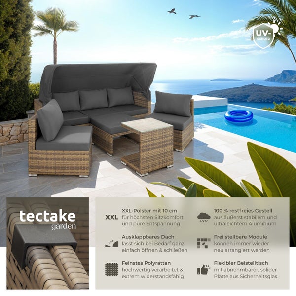 Modulare Polyrattan Gartenlounge mit klappbarem Dach und Beistelltisch auf einer sonnigen Terrasse am Pool. UV-Schutz. tectake garden Logo.