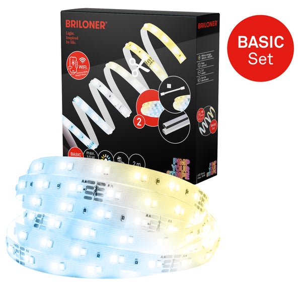 Briloner LED-Streifen-Basis-Set, 2 Meter lang, maximal 10 Watt, steuerbar über App und WiFi, Farbtemperatur einstellbar von 3000 bis 6500 Kelvin.