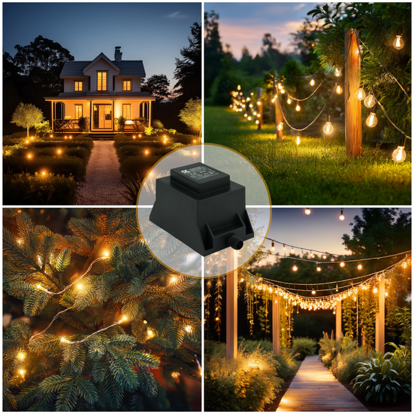 Transformator für Außenbeleuchtung mit Anwendungsbeispielen für die Beleuchtung von Hausfassaden, Gartenlichterketten und Gartenwegen bei Nacht.