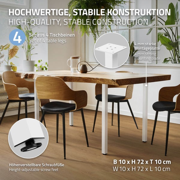 ML-Design 4er Set Tischbeine I-Design 72 cm, Weiß glänzend, aus pulverbeschichtetem Stahl, eckig, Profil 4x4 cm, Höhenverstellbare Möbelfüße 1-4 cm, Möbelbeine für Esstisch Schreibtisch Arbeitstisch