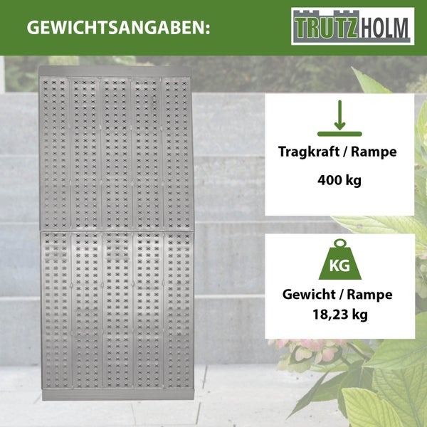 Trutzholm Logo. Tragkraft Rampe 400 kg. Gewicht Rampe 18,23 kg. Metallschrank mit Lochmuster