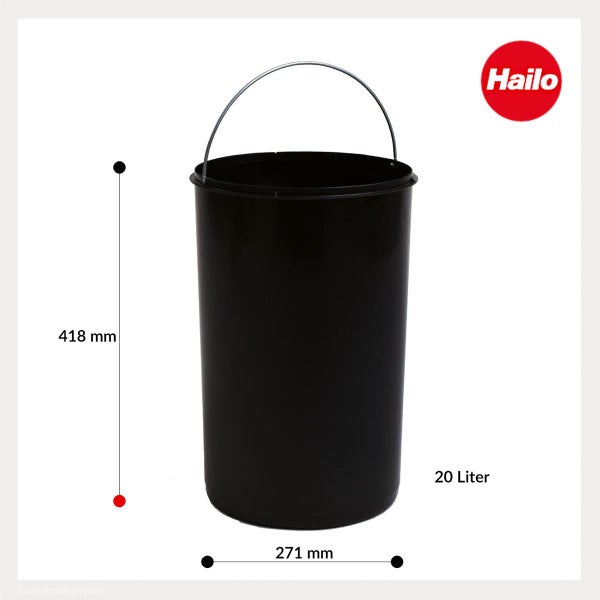Schwarzer Hailo Abfalleimer, 20 Liter Fassungsvermögen, Metallbügel. Maße: Höhe 418 Millimeter, Breite 271 Millimeter. Hailo Logo.