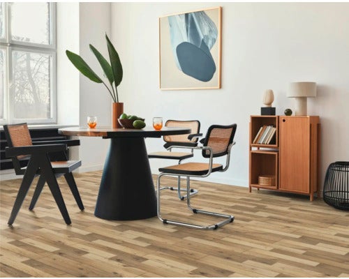 Heller Raum mit Holzboden, Esstisch und Stühlen