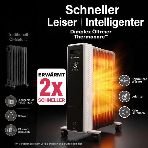 Vergleichsgrafik eines ölfreien Dimplex Thermocore Radiators mit einem traditionellen ölgefüllten Radiator zur Darstellung der Vorteile.