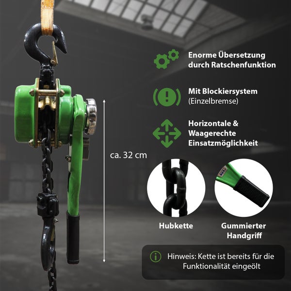 Manueller Hebelzug mit Ratschenfunktion, Blockiersystem und gummiertem Handgriff zur vertikalen sowie horizontalen Lastenbewegung.