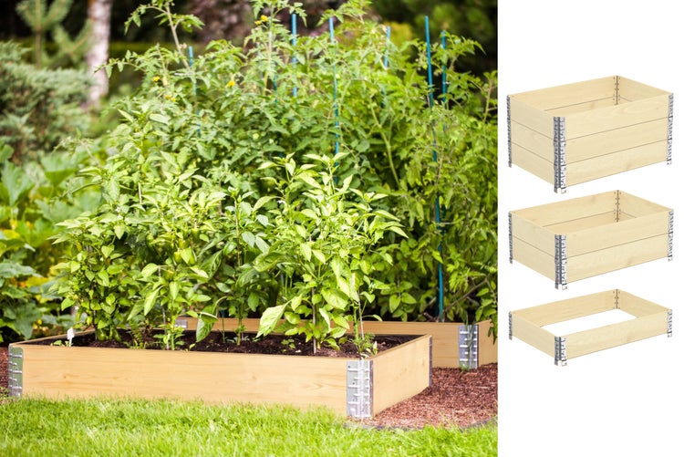 Hochbeet aus Holz mit Metallverbindungen im Garten, ergänzt durch drei Einzelmodule