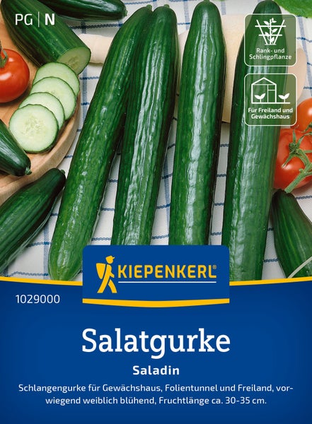 Saatgut für Kiepenkerl Salatgurke Saladin für Gewächshaus und Freiland mit Symbolen für Rankpflanze sowie Gewächshausanbau.