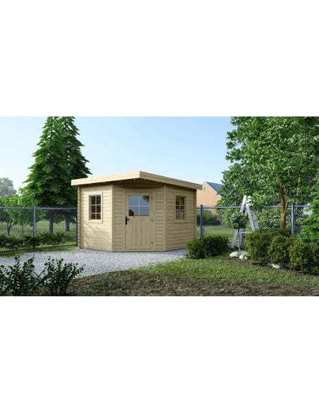 Fünfeckiges Gartenhaus aus Holz mit Pultdach, einer Tür mit Fenster und zwei Sprossenfenstern in einem Garten mit Kiesweg und Zaun.