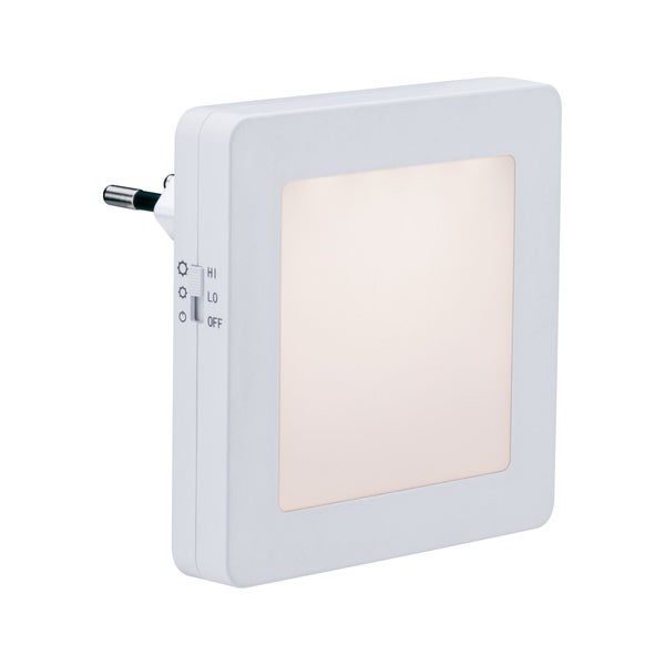 Quadratisches LED Nachtlicht für die Steckdose mit Schalter für 80 mal 80 Millimeter Maße und 5 Jahre Garantie.