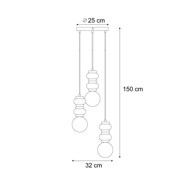 Technische Zeichnung einer Pendelleuchte mit drei Lampen, Durchmesser 25 cm, Höhe 150 cm, Breite 32 cm