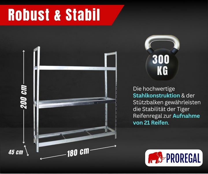 ProRegal Reifenregal Tiger aus Stahl für 21 Reifen, 200 Zentimeter hoch, 180 Zentimeter breit, 45 Zentimeter tief, belastbar bis 300 Kilogramm.