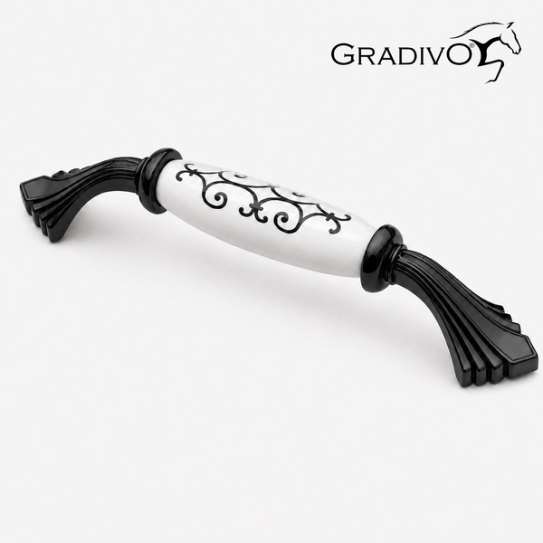 Möbelgriff aus Metall und Keramik mit ornamentalem Muster und Gradivo Logo.