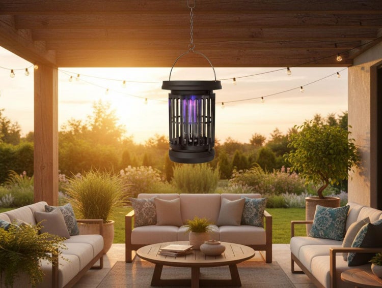 Schwarzer Insektenvernichter mit UV-Licht, hängend über einer hellen, organisierten Garten-Lounge mit Holzmöbeln.
