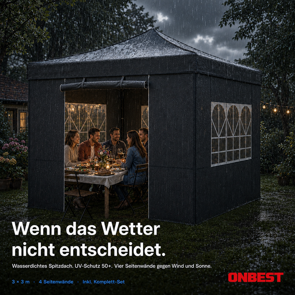 Faltpavillon 3 mal 3 Meter mit vier Seitenwänden im Regen. Personen sitzen an einem gedeckten Tisch im trockenen Inneren des wasserdichten Zelts.