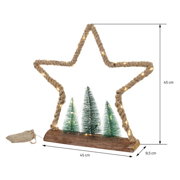 ECD Germany LED Jute Stern mit LED-Beleuchtung 45x9,5x45 cm, Deko Weihnachtsstern aus Seil mit 45 warmweißen LEDs, 3 Tannen, Jutesäckchen, Batterien, Timer, Weihnachtsbeleuchtung Weihnachtsdeko Innen