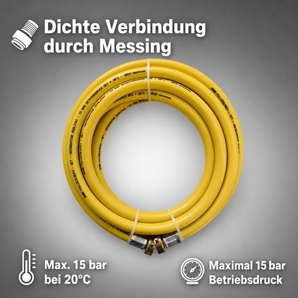 Aufgerollter Gasschlauch mit Messinganschlüssen für eine dichte Verbindung und einen maximalen Betriebsdruck von 15 bar bei 20 Grad Celsius.