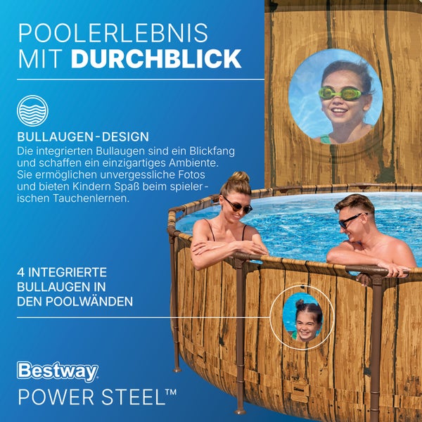 Bestway Power Steel Aufstellpool mit Holzoptik, vier integrierten Bullaugen und einem Stahlrahmen, in dem eine Familie badet.